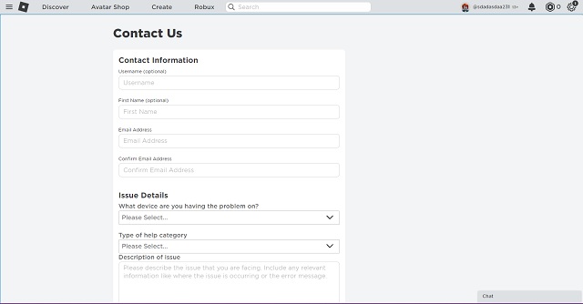 Roblox మమ్మల్ని సంప్రదించండి పేజీ